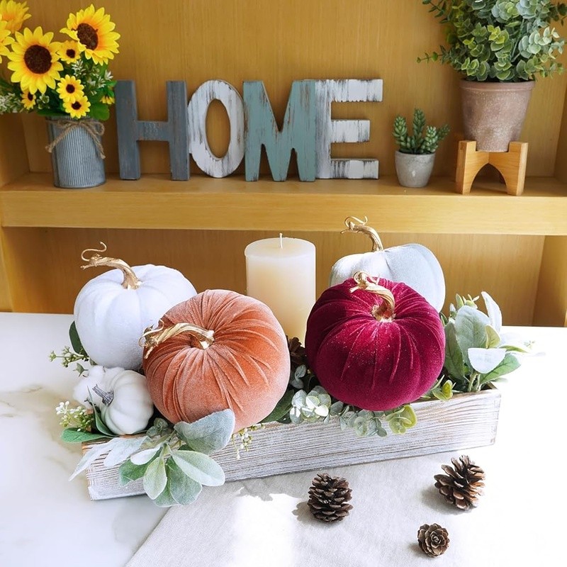 Decorative Faux Velvet Pumpkins Fall Home Decor Wedding Centerpieces 4pcs New