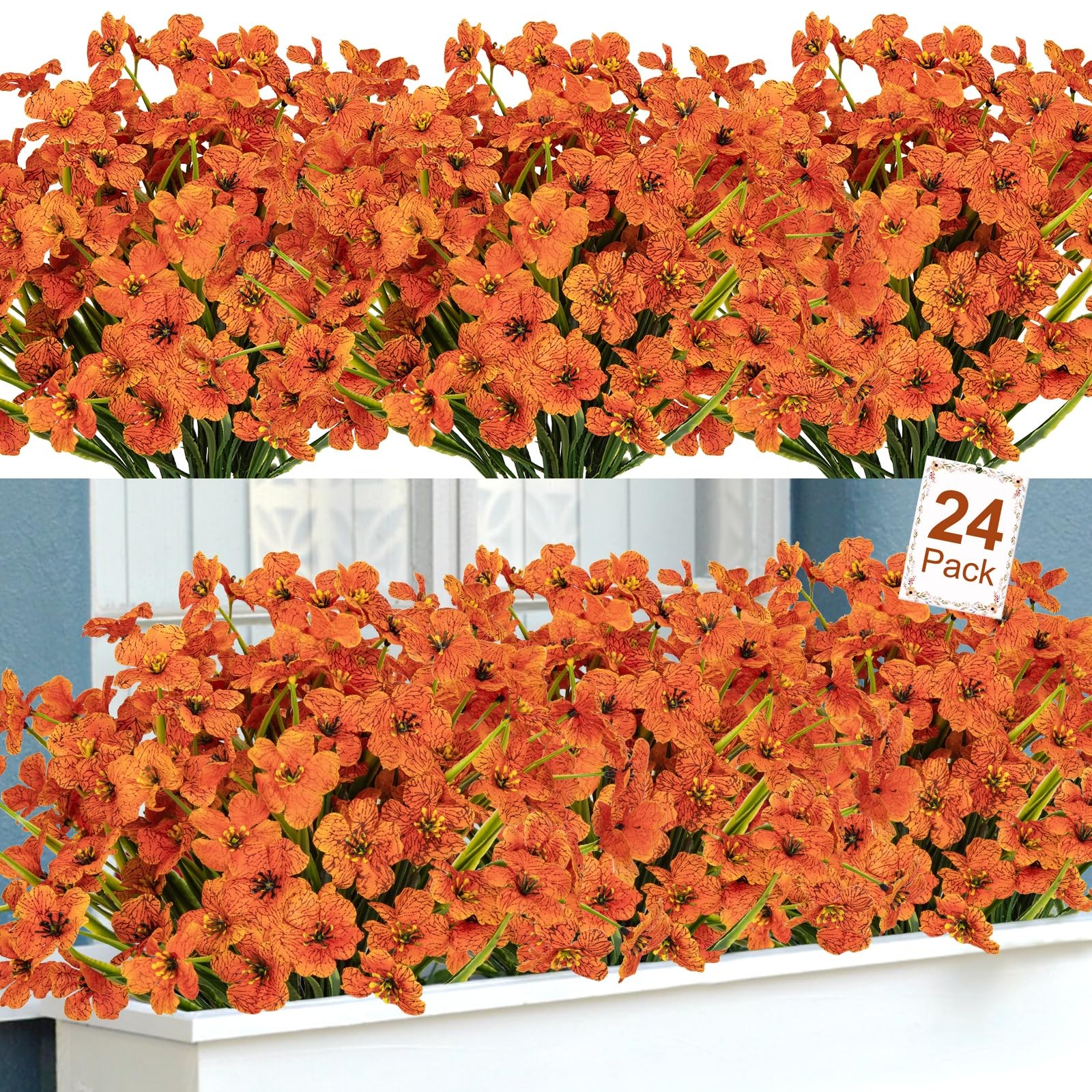 Outdoor Artificial Flowers 24 Bundles, UV Resistant Fall Mums, Faux, Orange