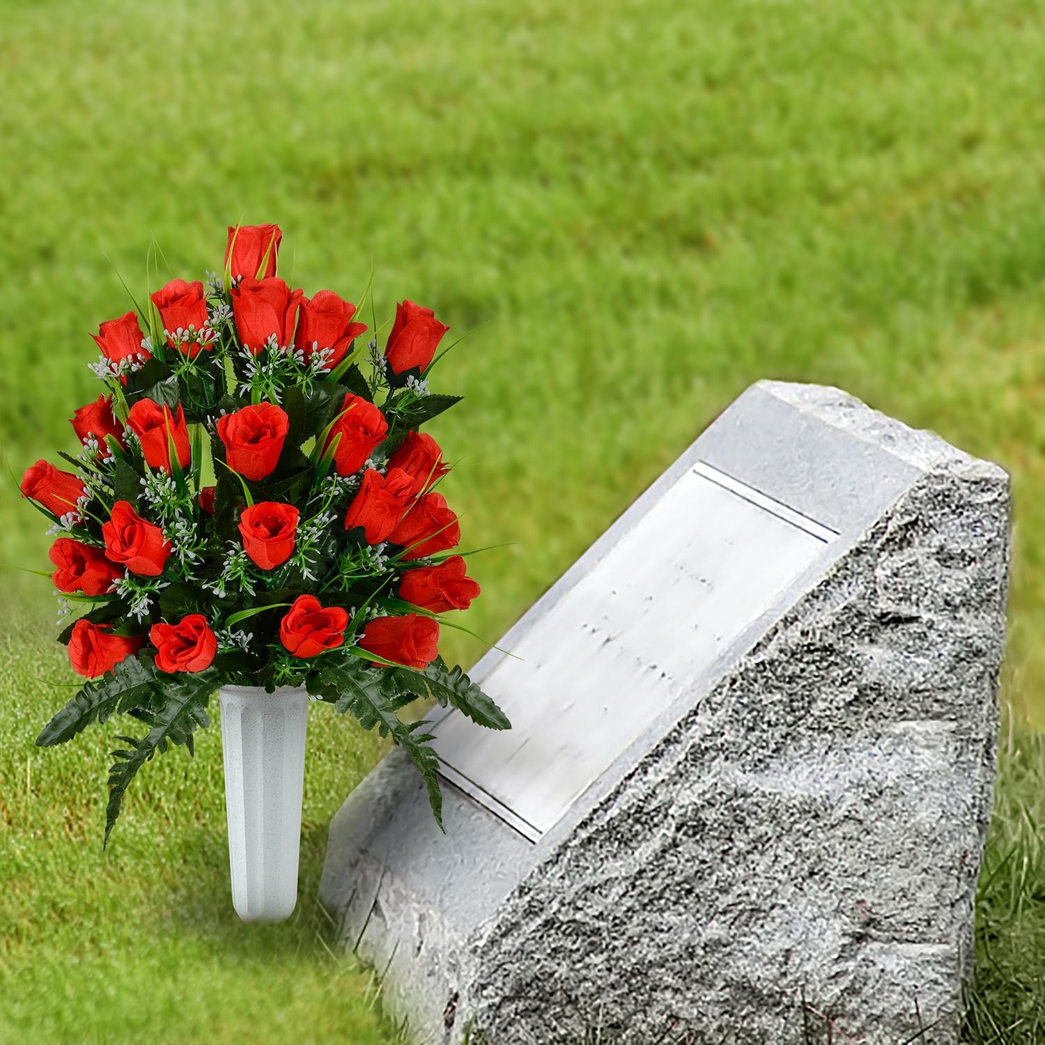 2 PCS Artificial Cemetery Flowers Memorial Roses Bouquet With Vase Red