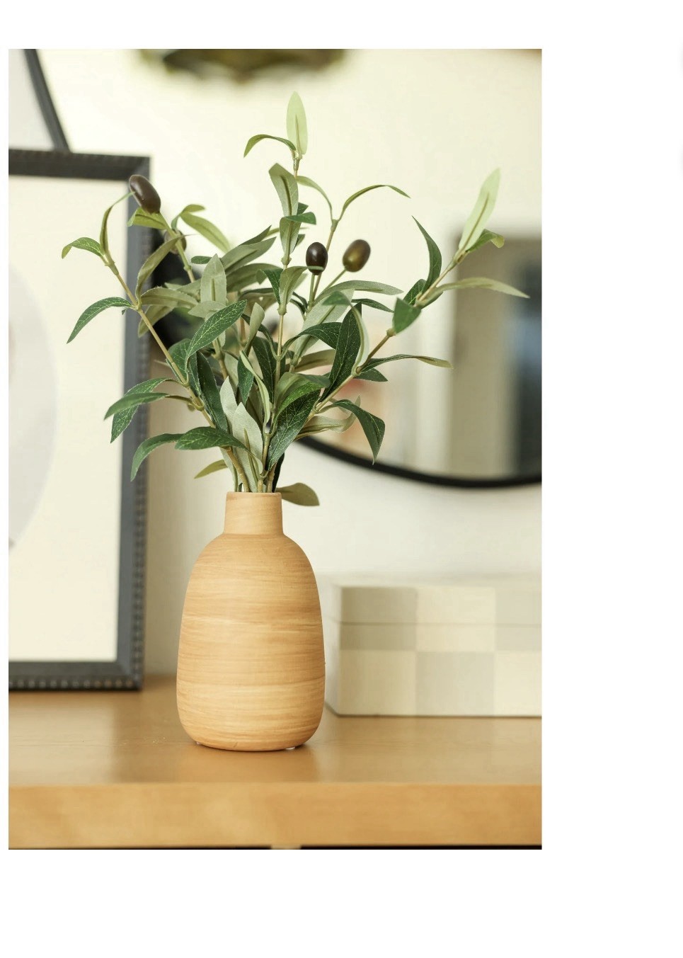 Artificial Olive Branch Arrangement in Beige Vase, Green/Black, 15 in x 6.5 in