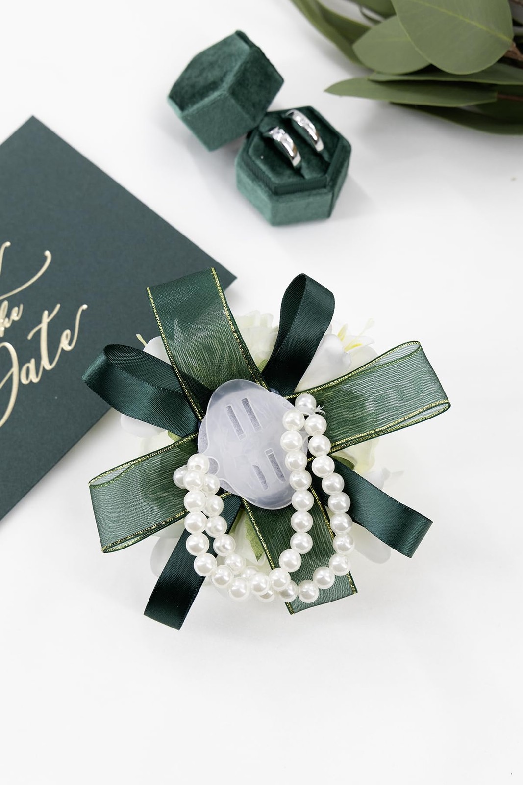White Rose Corsage and Boutonniere Set, Prom Flower Wrist Corsage Wristlet Ba…