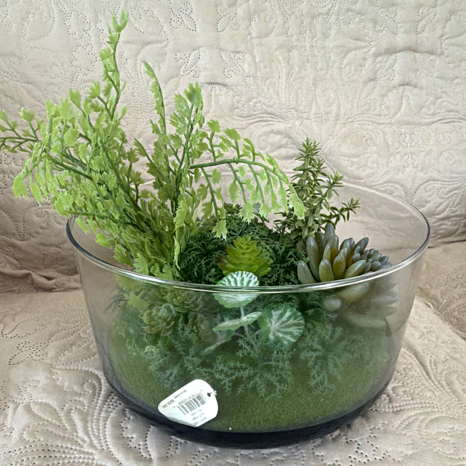Artificial Succulent & Fern Centerpiece Arrangement in Clear Glass Bowl, Green