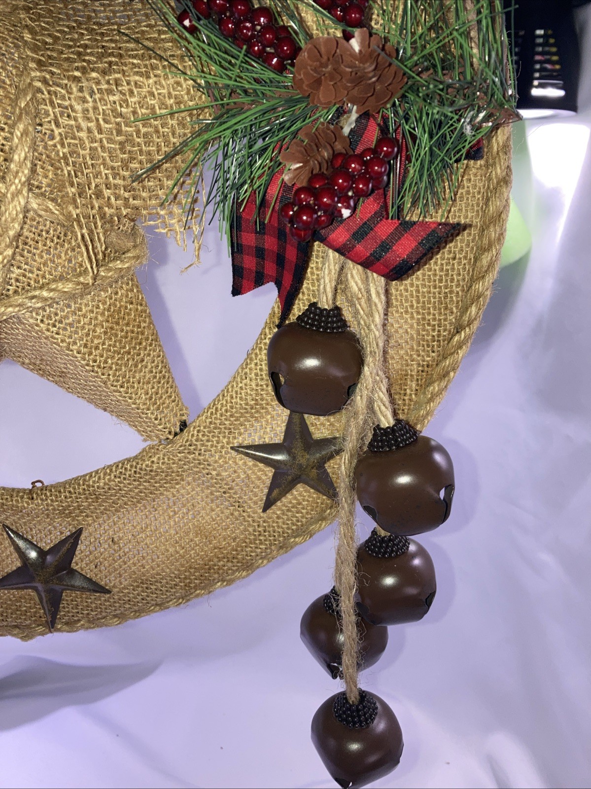 Christmas Country Wreath Burlap Lighted Handmade in USA 15” Star