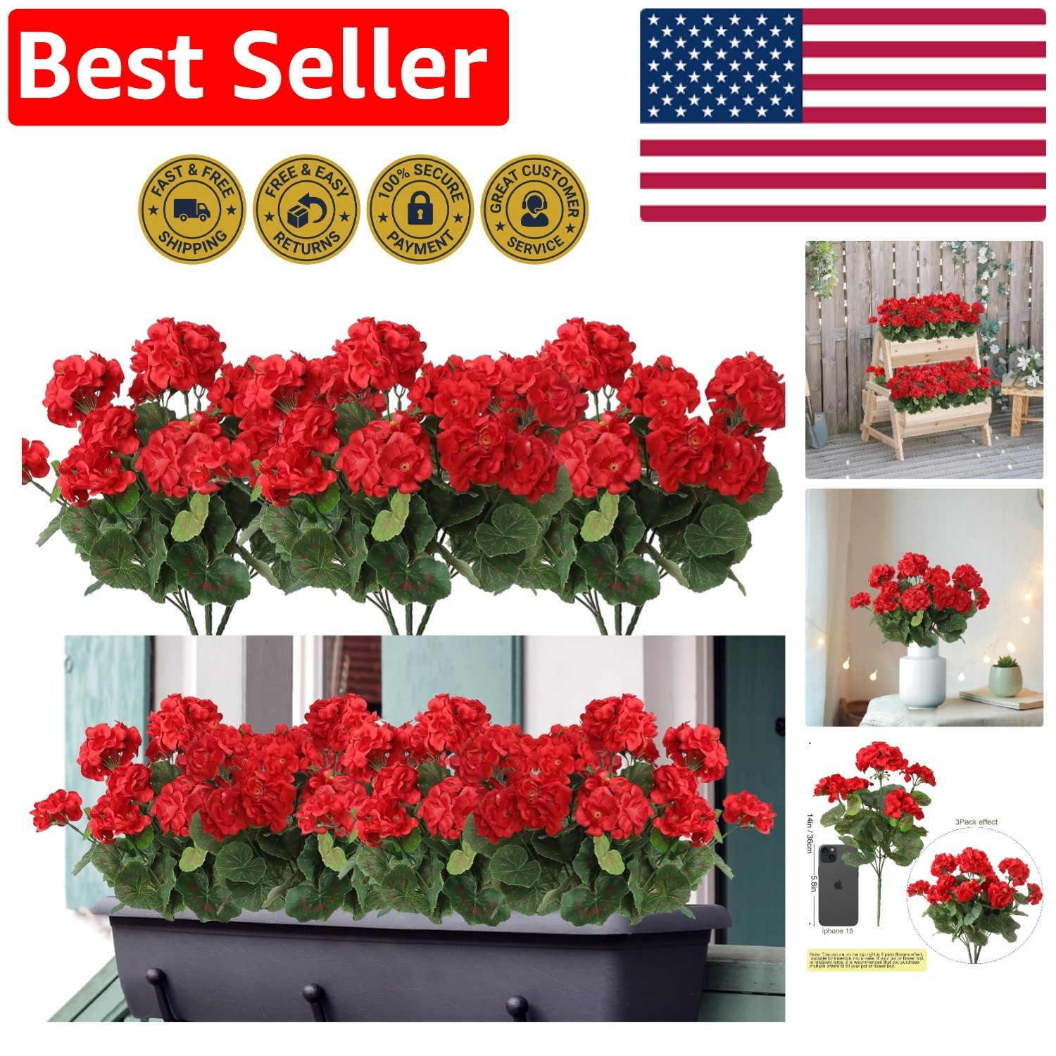 Vibrant Red Faux Geraniums – Pack of 3 for Effortless Spring & Summer Decoration