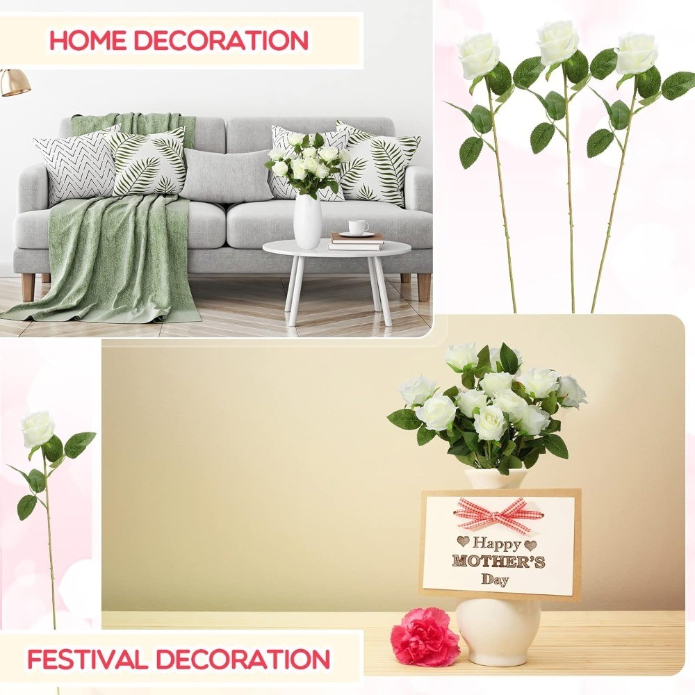 100 Long Stem Artificial Silk Roses Bouquet Bulk White Realistic Fake Flowers