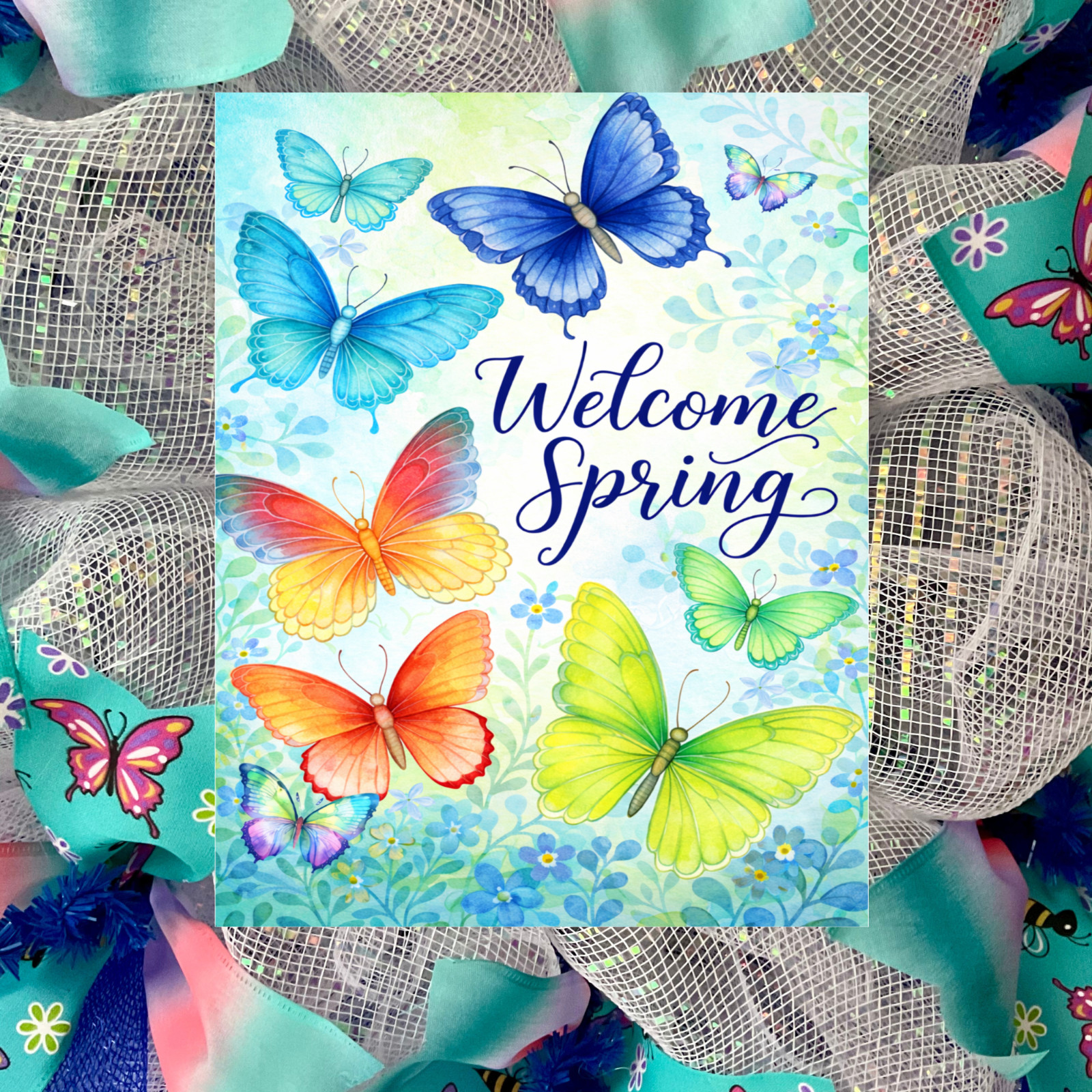 Welcome Spring Butterfly Wreath Handmade Deco Mesh Wreath