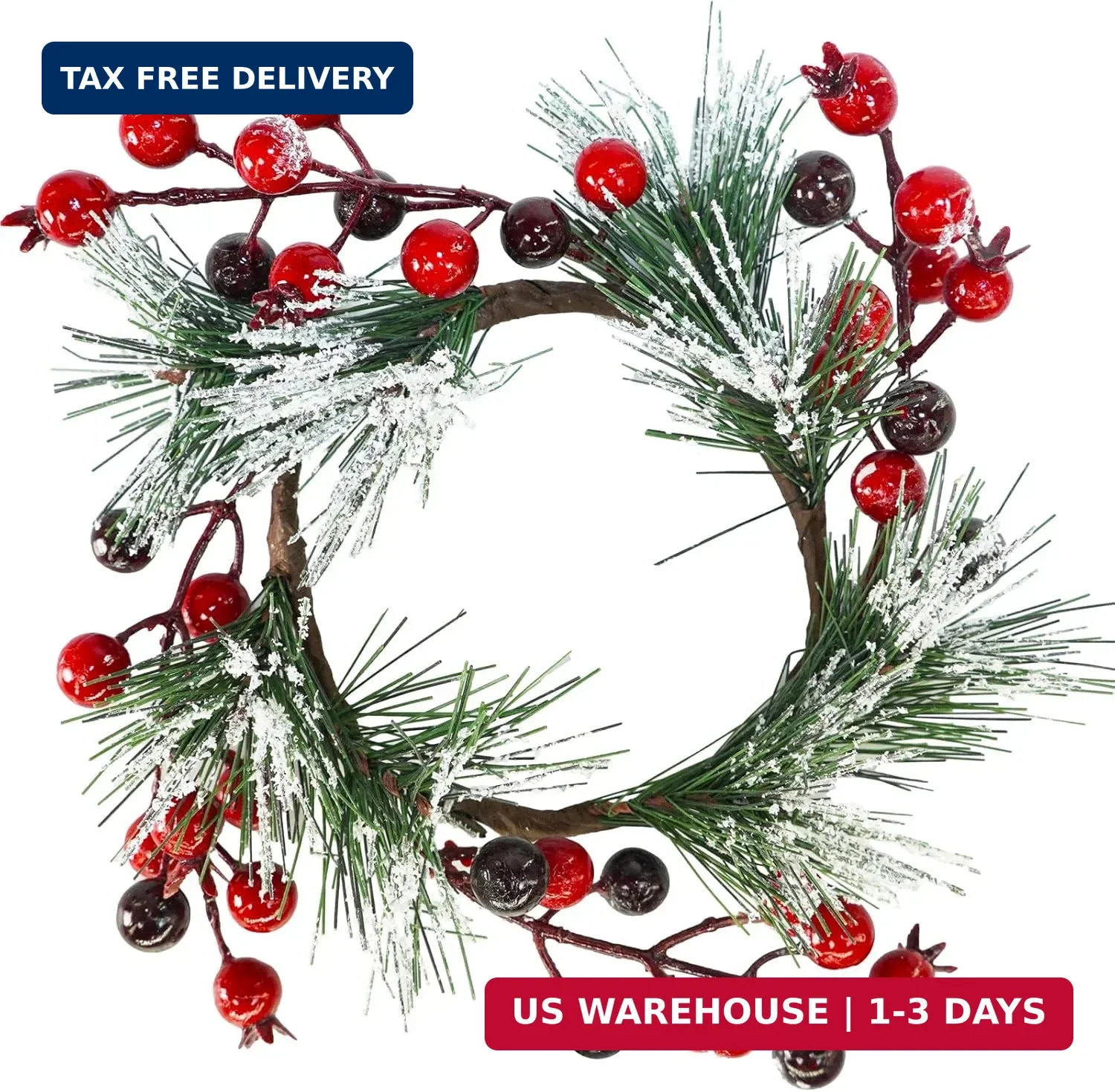 Winlyn 4 Pcs Artificial Pine and Berry Candle Rings Wreaths Snowy Pine Needle Re
