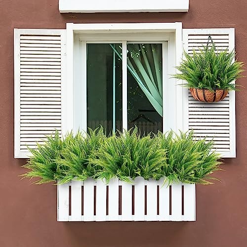 Artificial Boston Fern Plants 12 Bundles Fake Bushes UV Resistant Plastic