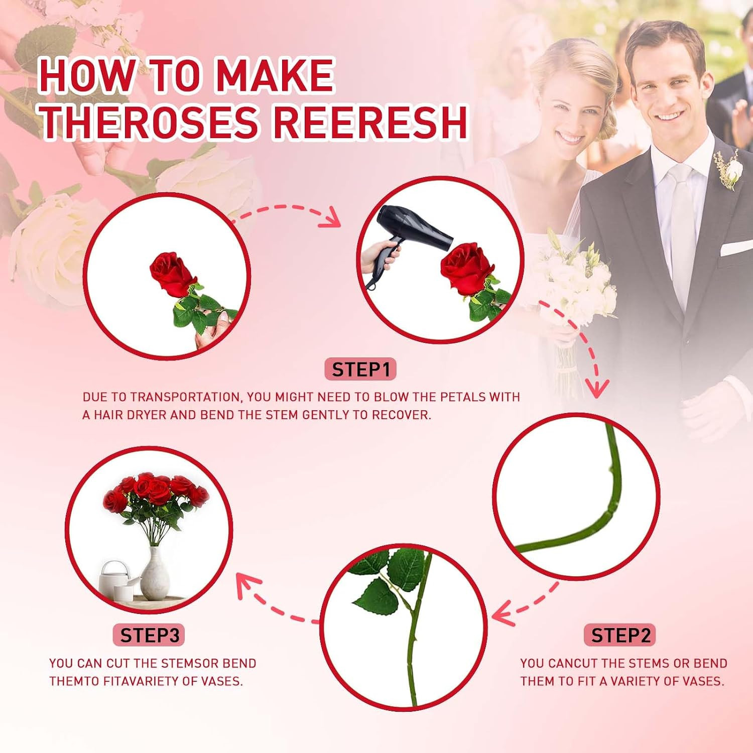 12PCS Red Artificial Roses with Long Stems, Realistic Faux Silk Roses Flowers…