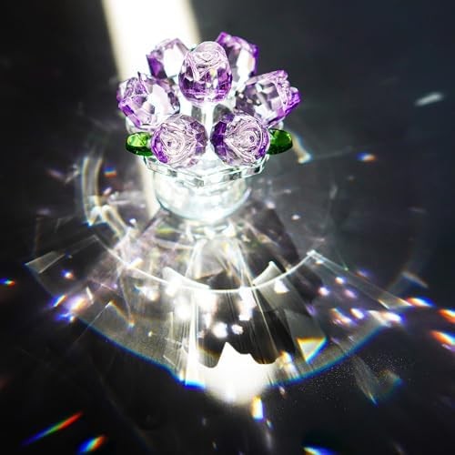 Handcraft Crystal Purple Rose Flower Figurine with Crystal Base, Glass Rose Flow