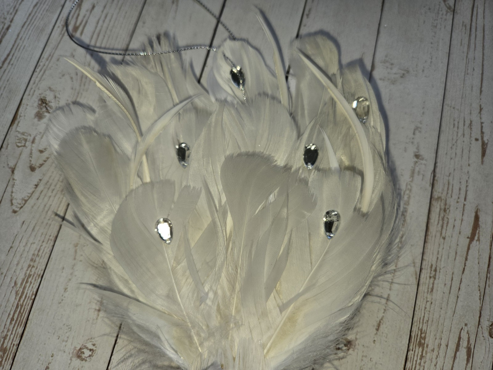 5~Artificial White Peacock Bird Glitter Gems Feather Decoration Hang or Clip-On