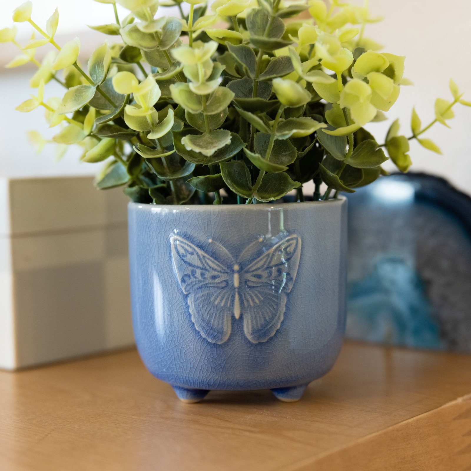 Mainstays 3″ Tabletop Artificial Baby Eucalyptus Plant in Blue Ceramic Butterfly