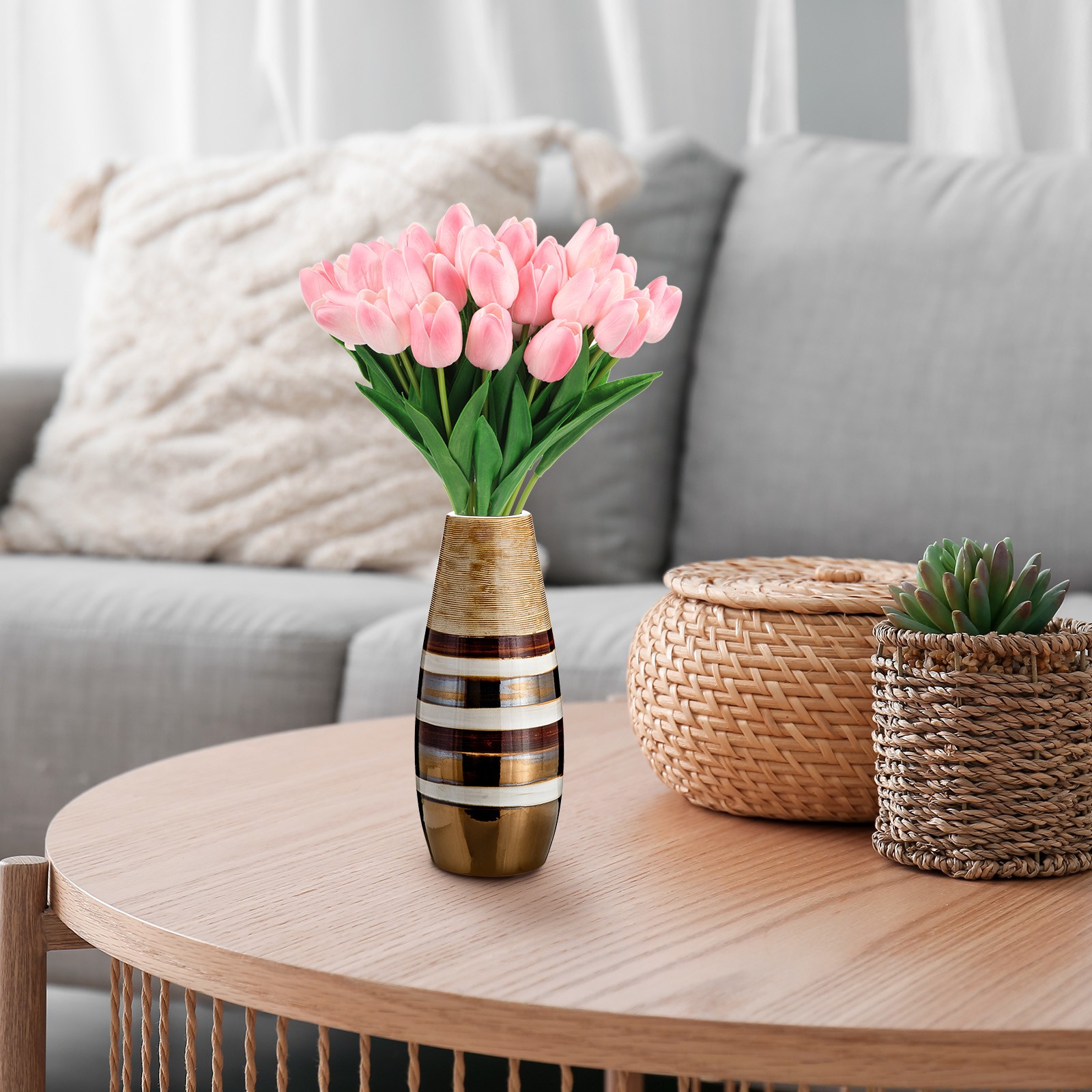 24Pcs Fake Tulips Artificial Flowers, PU Tulips with Stems, Light pink