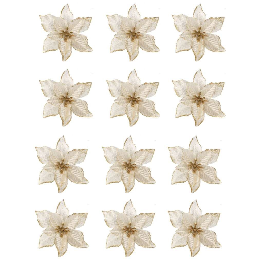 12pcs Glitter Artificial Poinsettia Flower Christmas Tree Ornaments Home Decor