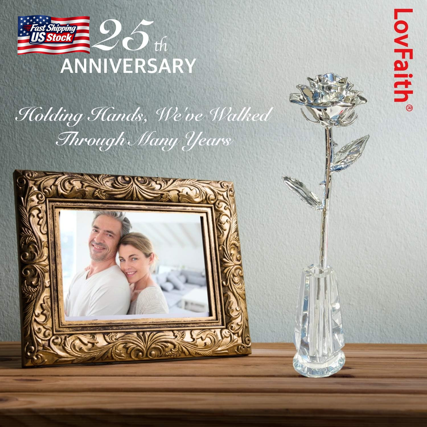 Valentine Gift Real Rose Dipped Thick Sterling Silver with Crystal Stand, Best 2