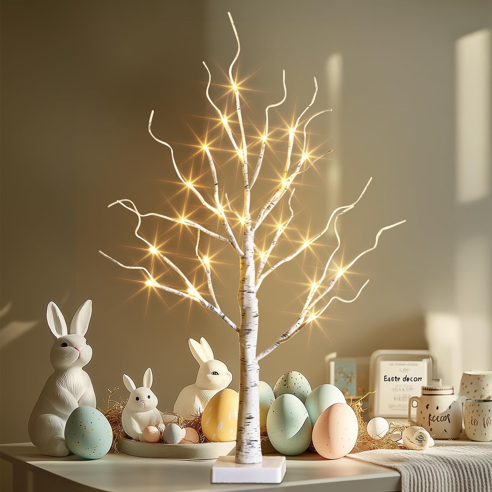 White Birch Tree with LED Lights, Prelit Artificial Tree with Timer, Centerpiece