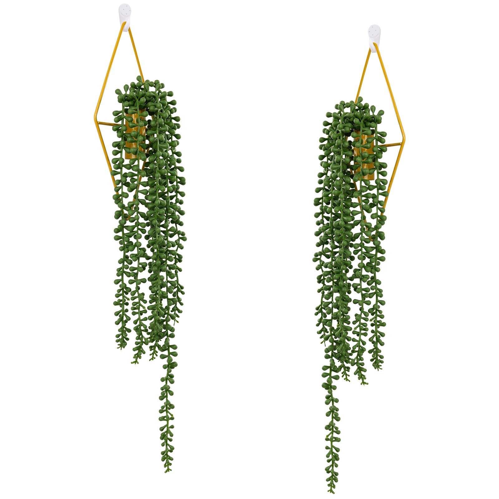 2 Pack Artificial Hanging Plants with Geometric Metal Wall Planter, Faux Stri…