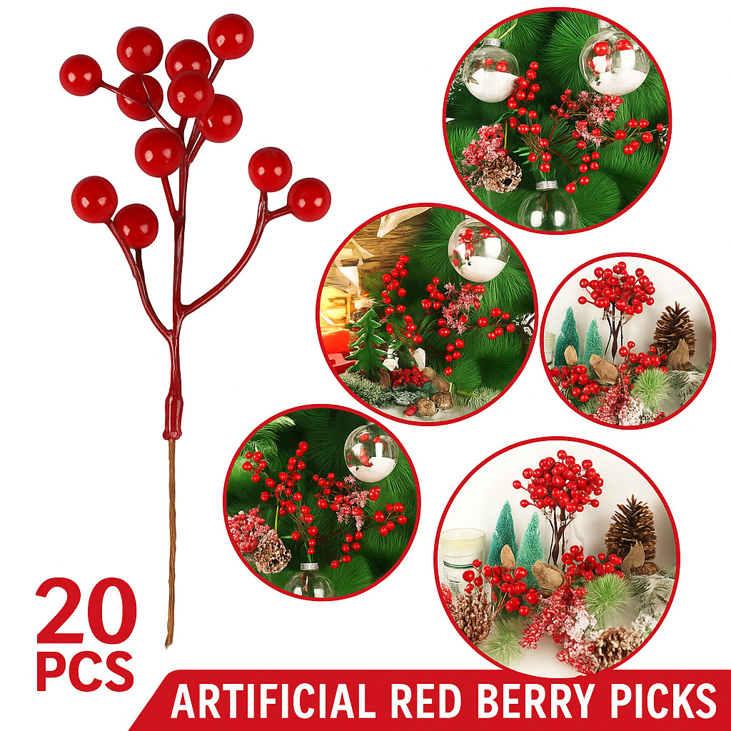 20PCS Artificial Red Berry Picks 7″ Stems for DIY Crafts, Home, Wedding, Decor