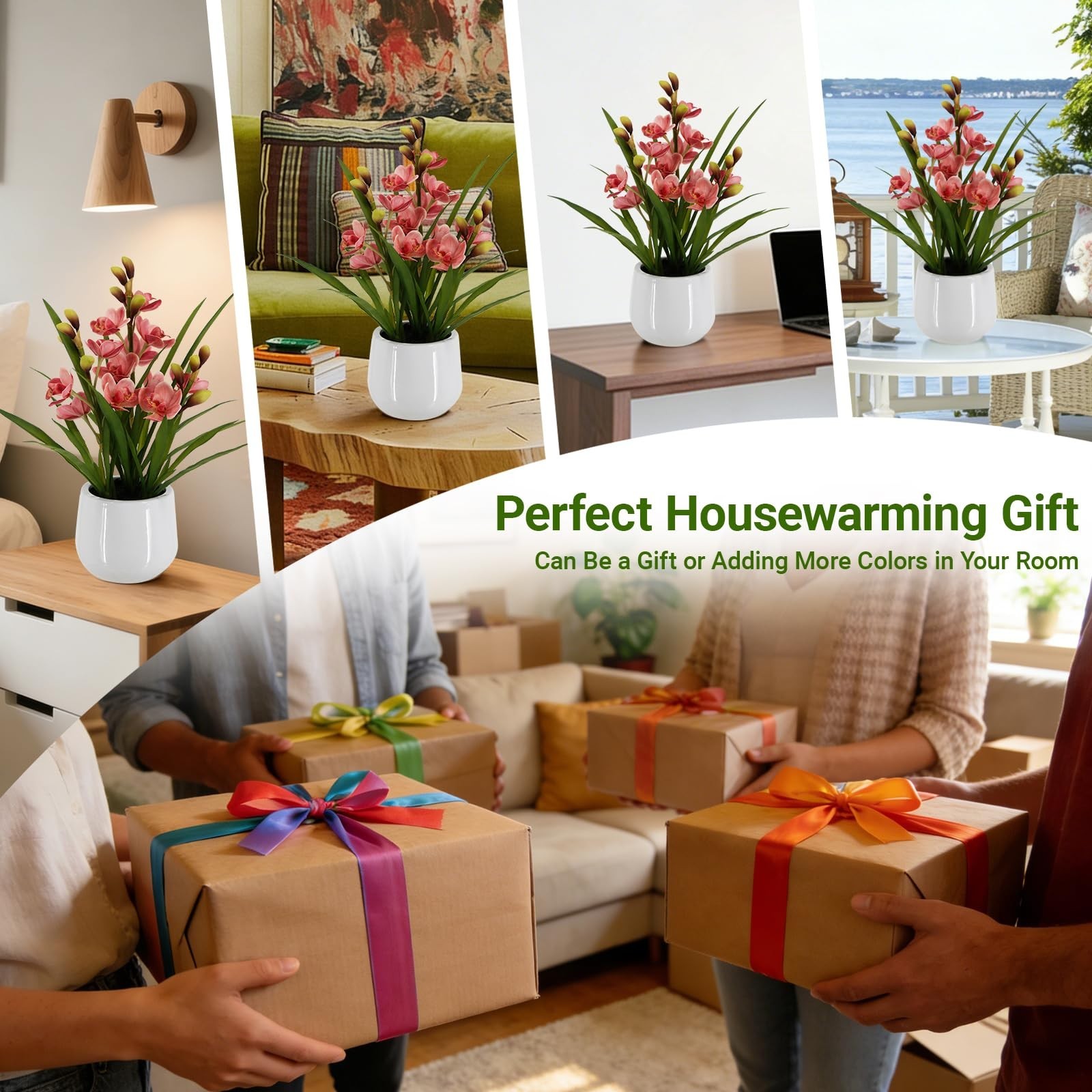19″ Tall Artificial Orchid Flowers – Faux Cymbidium Plant in Pot for Home Decor,
