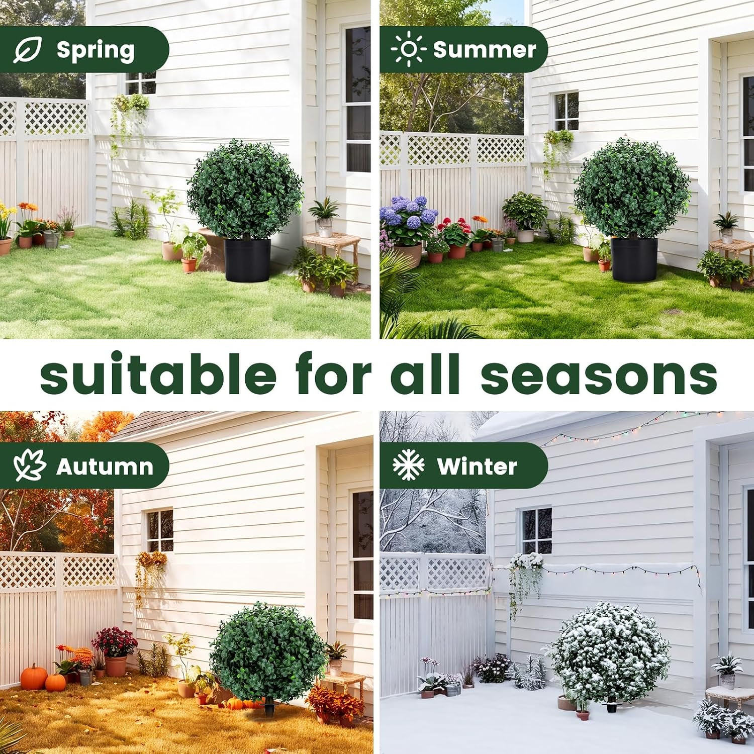 ENVEN Set of 2 Artificial Boxwood Topiary Trees for Front Door – Faux Realistic