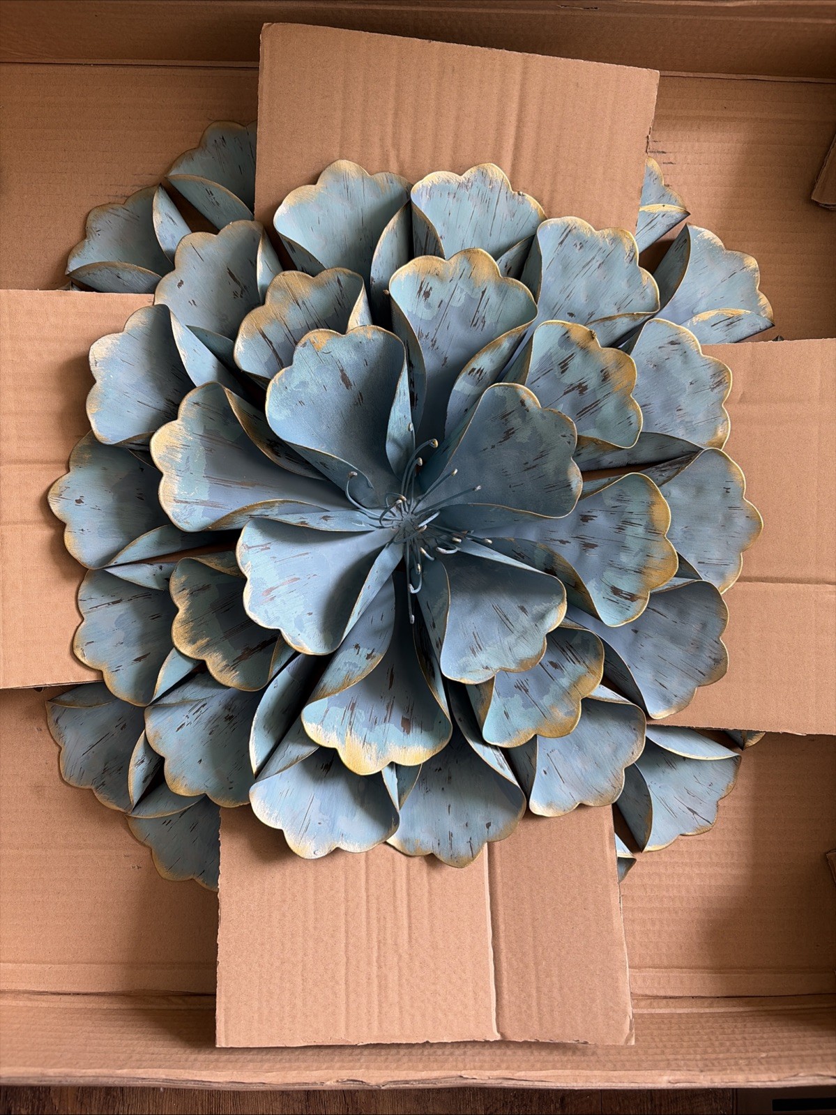 3D Metal Art Wall Hanging Succulent Large 24” Teal Gold Flower Garden Home Decor