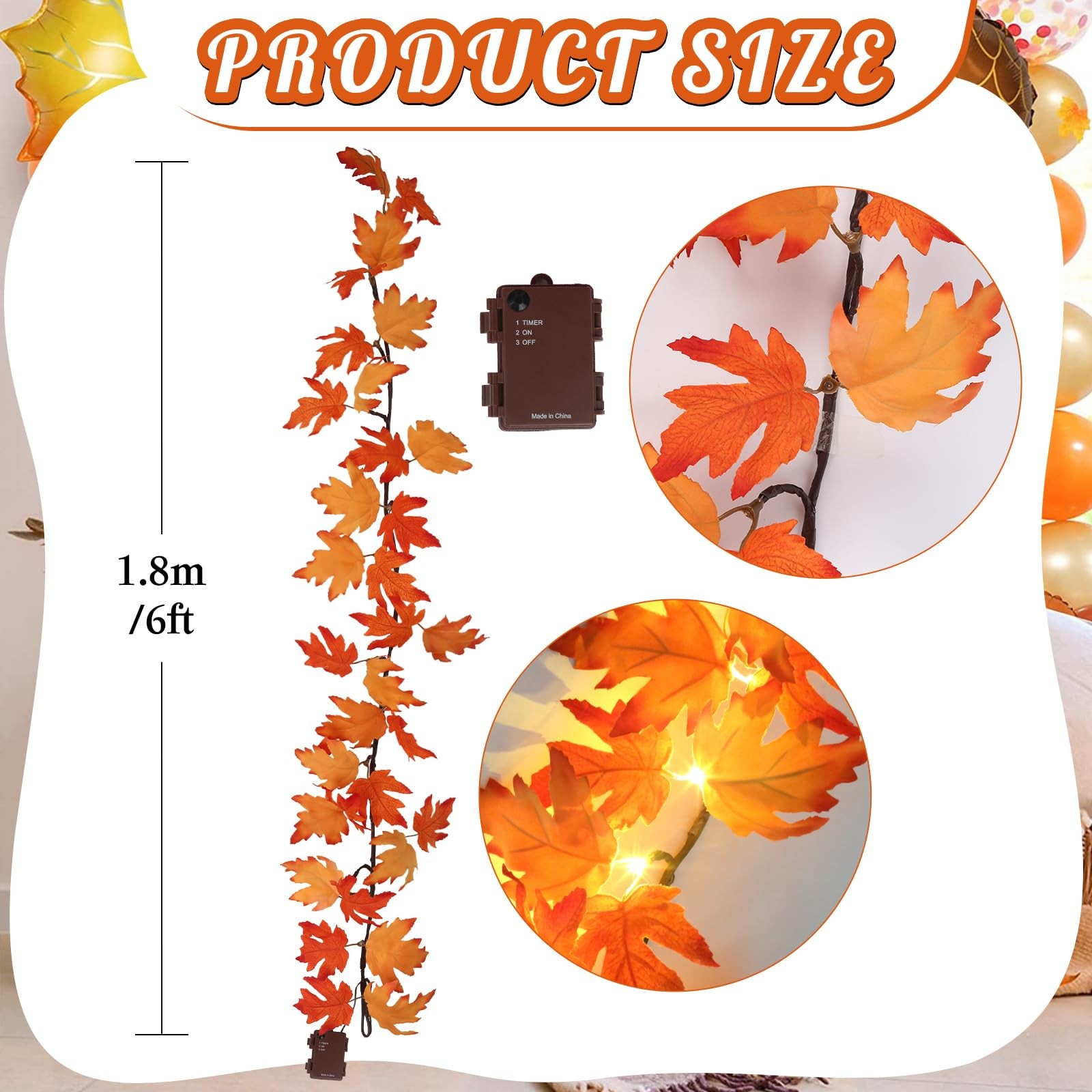 6FT Fall Maple Leaf Garland with 24 LED Lights Outdoor Fall Halloween Thanksg…