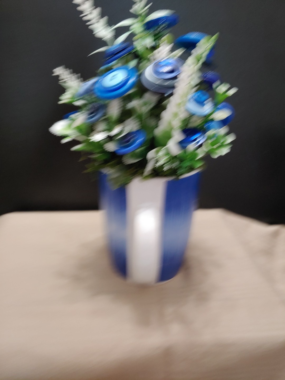 Blue Button Flower Bouquet With Greenery In Blue White Coffee Mug Vintage Button