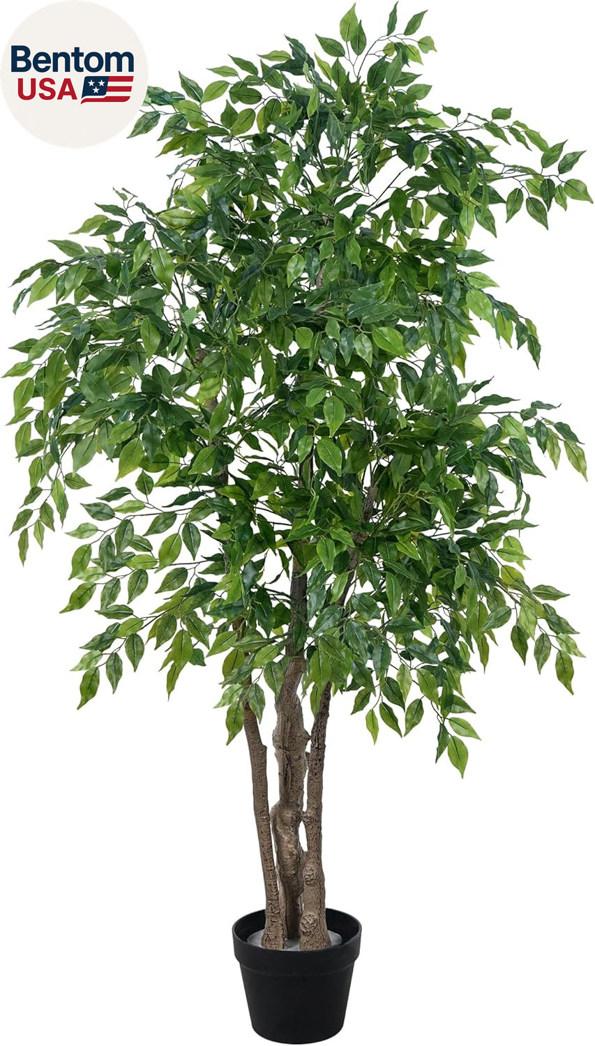 Ficus Tree Artificial with Triple Trunks, 5.5Ft Fake Ficus Tree in Black Pot, Ta