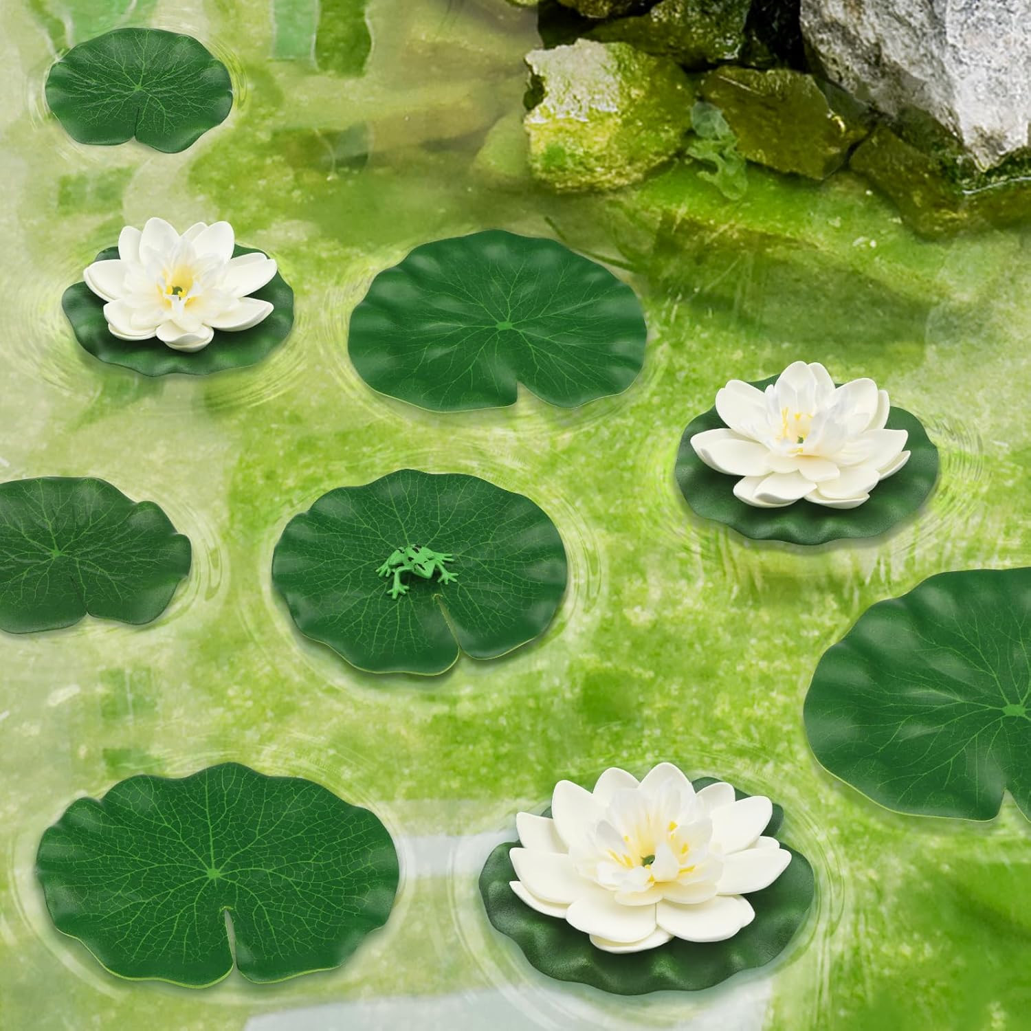 12Pcs Floating Foam Lotus Flowers with Lily Pads, Artificial Pond Plants Ornamen