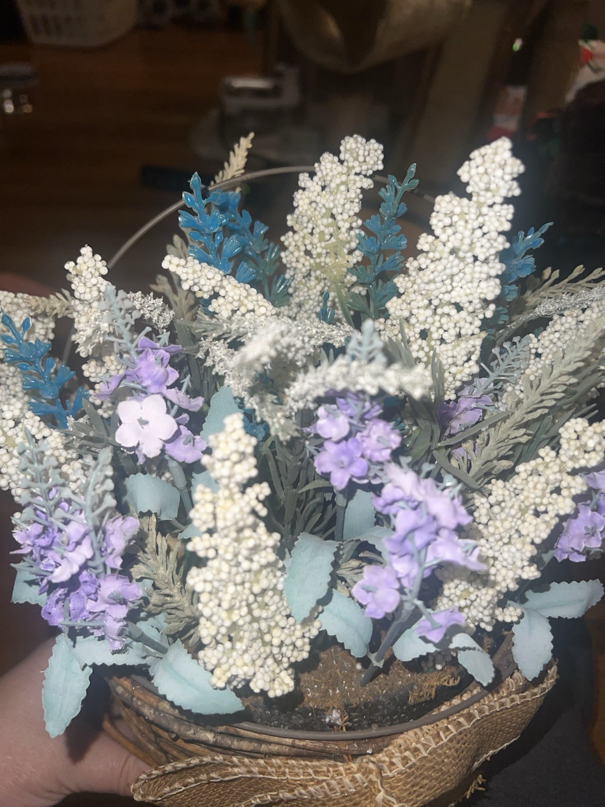 2 Farmhouse Artificial Lavender & Statice Flower Arrangement in Woven Baskets