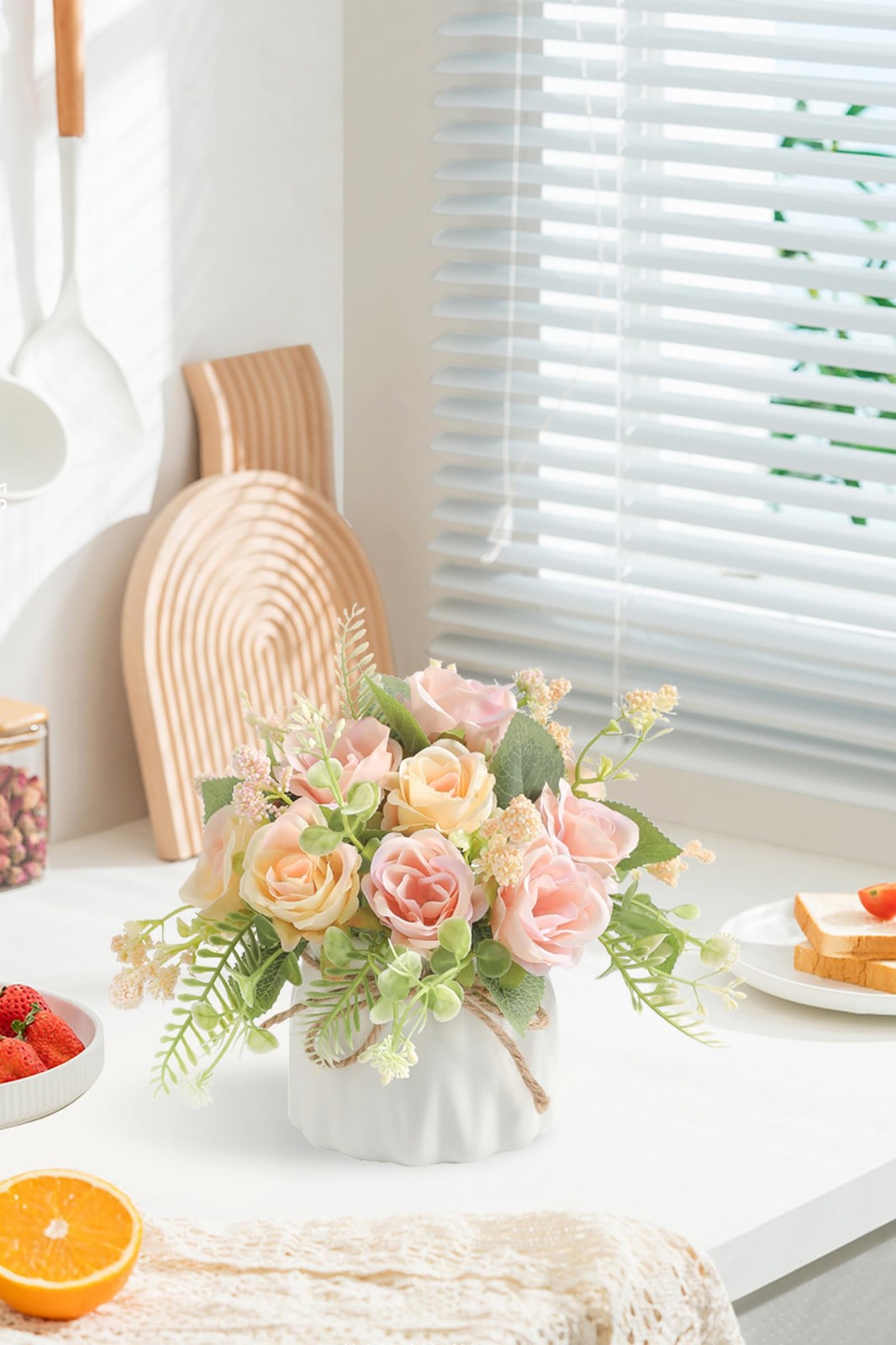 Artificial Rose Flower Plants with Small Ceramic Vase Fake Silk Variety Flowe…