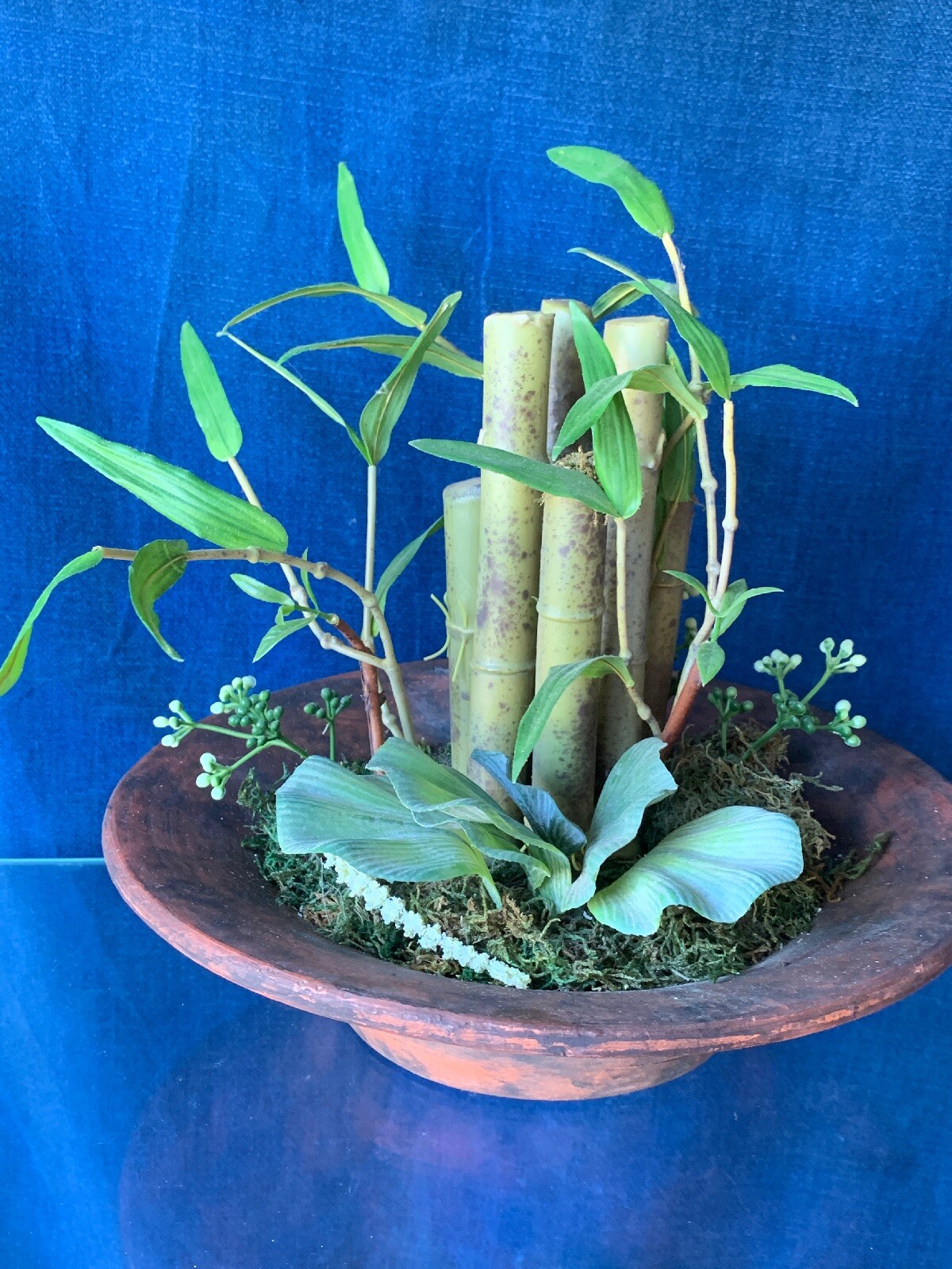 Vintage Rustic Stone Pot & Bamboo Terrarium Table Arrangement Floral 11″ ❤️sj3j