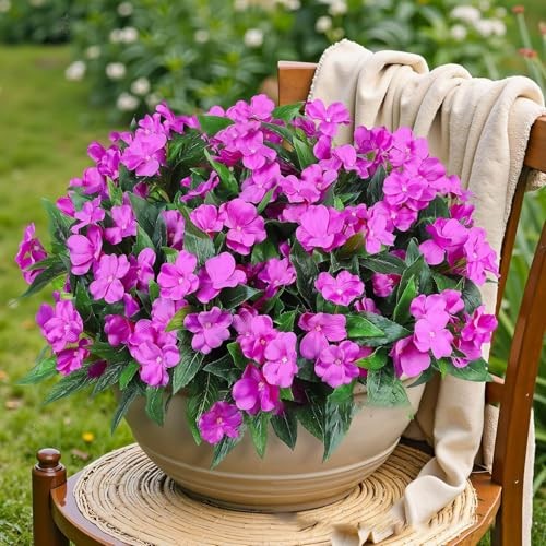 Artificial Impatiens Flowers 4 Stems Purple UV Resistant Plastic 13.5 in