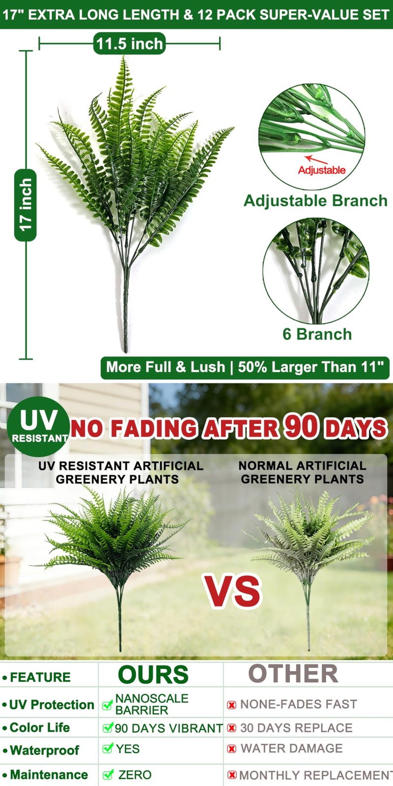 12 Bundles Fake Boston Fern Artificial Plants Outdoor Spring Decor, UV Resistant
