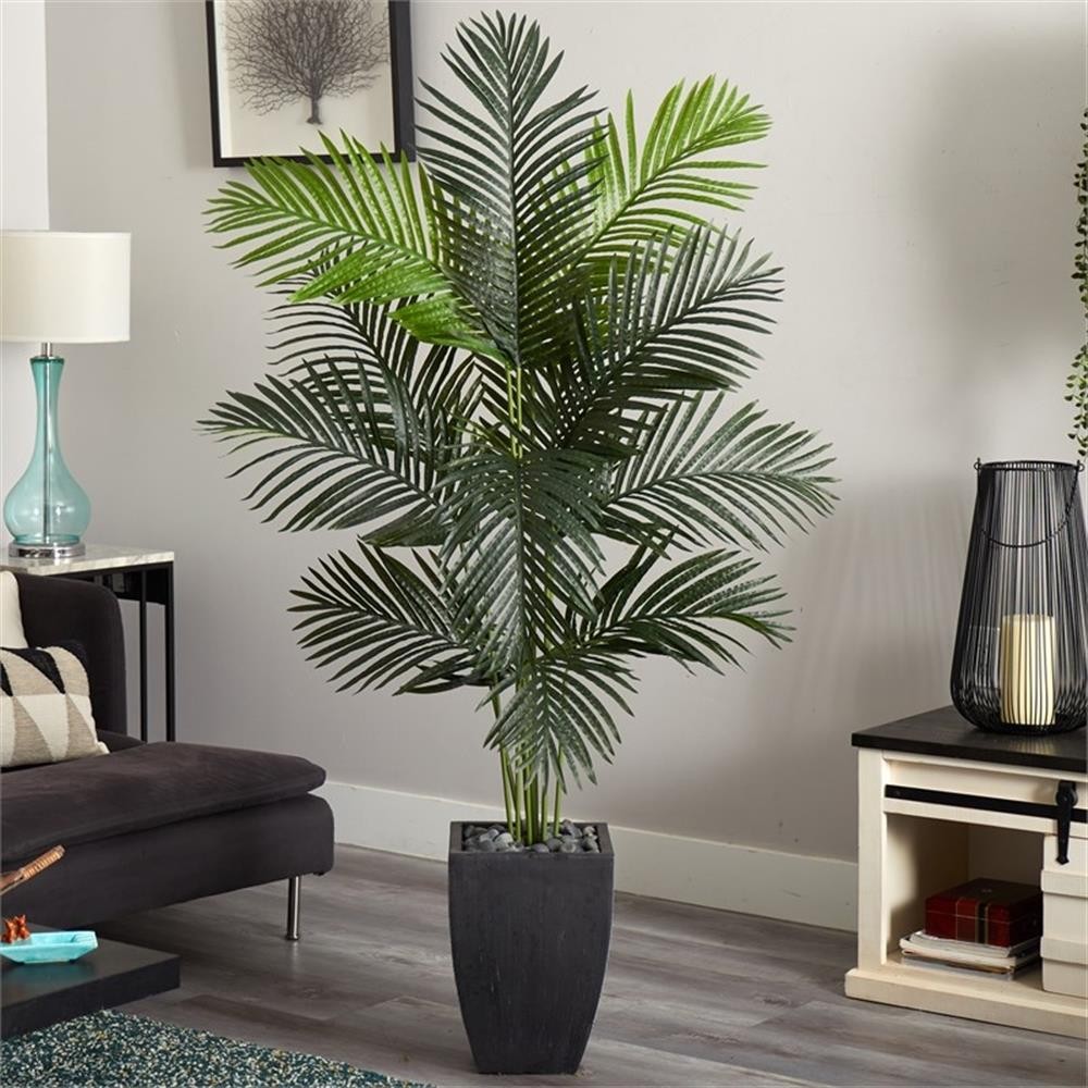 Pemberly Row 66″ Paradise Artificial Palm Tree in Black Planter in Green/Black