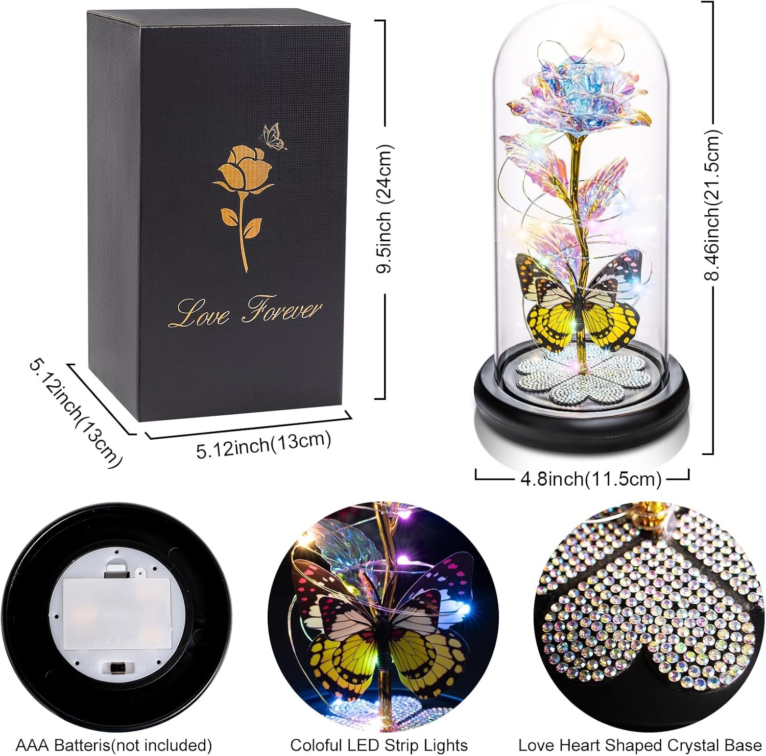 Pusuny Rose in Glass Dome with Butterfly and Heart Crystals, LED Light-Up