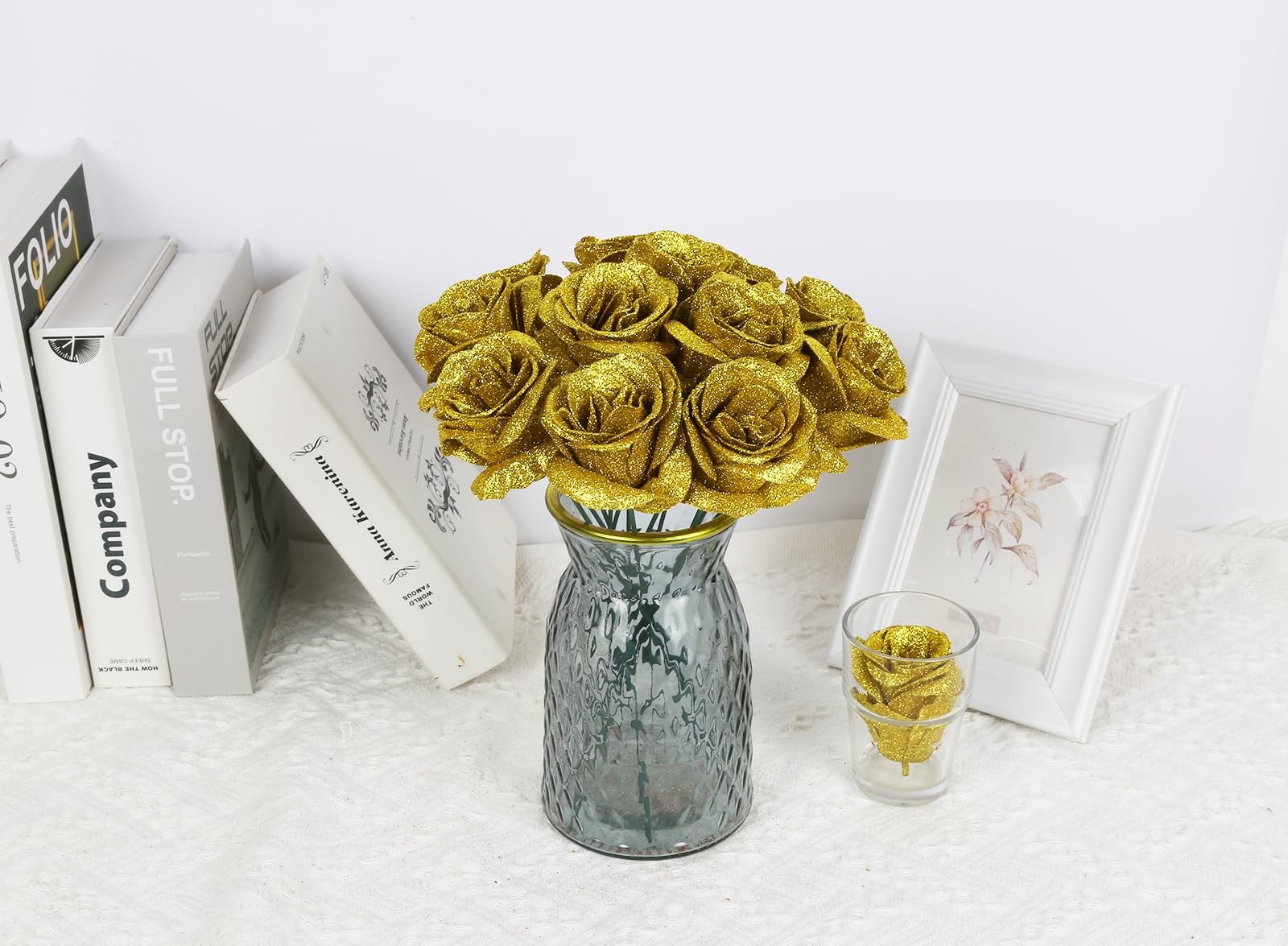 Ramo de rosas artificiales doradas con purpurina y tallos para manualidades