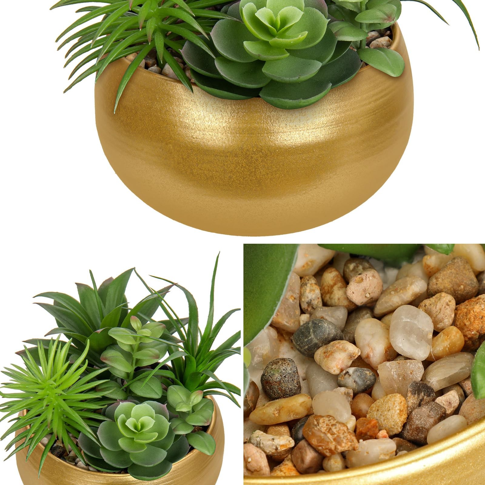 Artificial Succulents In Pots Gold Ceramic Planter Bowl Faux Fake Potted Plant