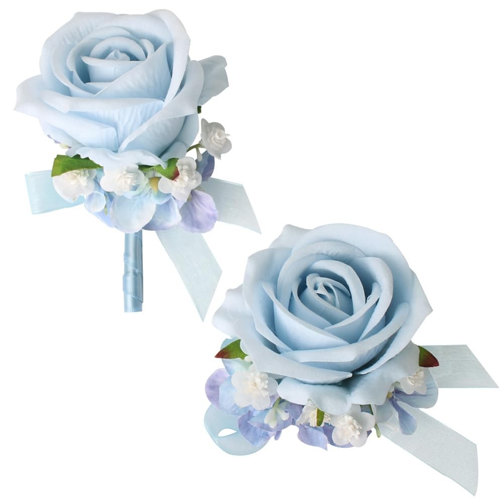 Light Blue Rose Corsage Wristlet And Boutonniere Set Artificial Flowers