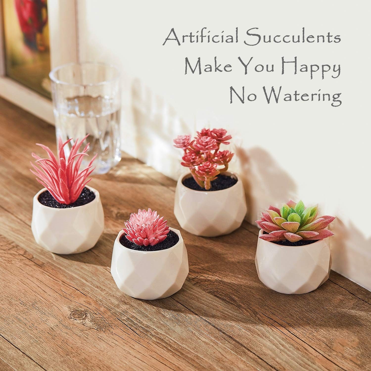 Fake Succulent Plant Set Artificial Desk Plants in Mini Pink Ceramic Pots