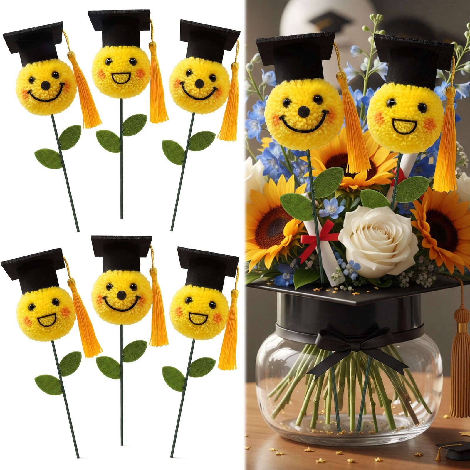 6 PCS Graduation Decorations Class 2026 Bouquet Accessories Gold Pom Mum