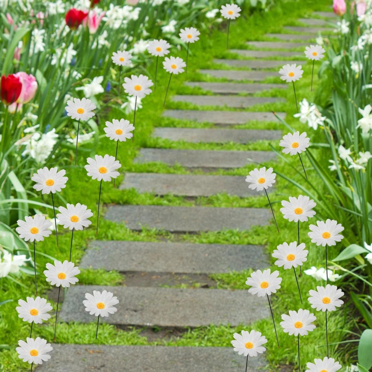 Demonwer 20 Pcs Daisy Garden Stakes Decor White Daisy Flower Garden Stakes Iron