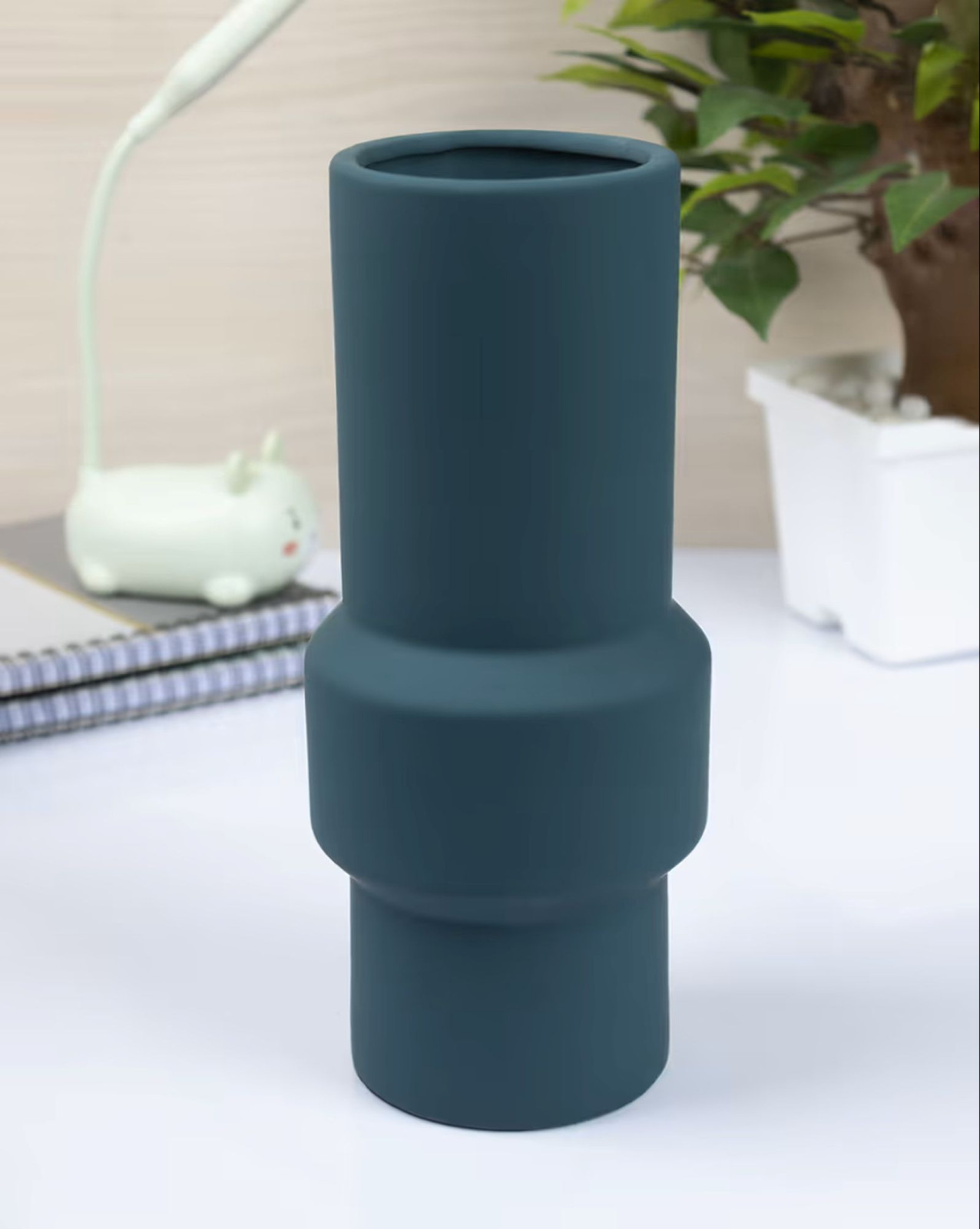 8.8″ Ceramic Round Pipe Vase Matte Finish Pine Green for Floral Arrangements