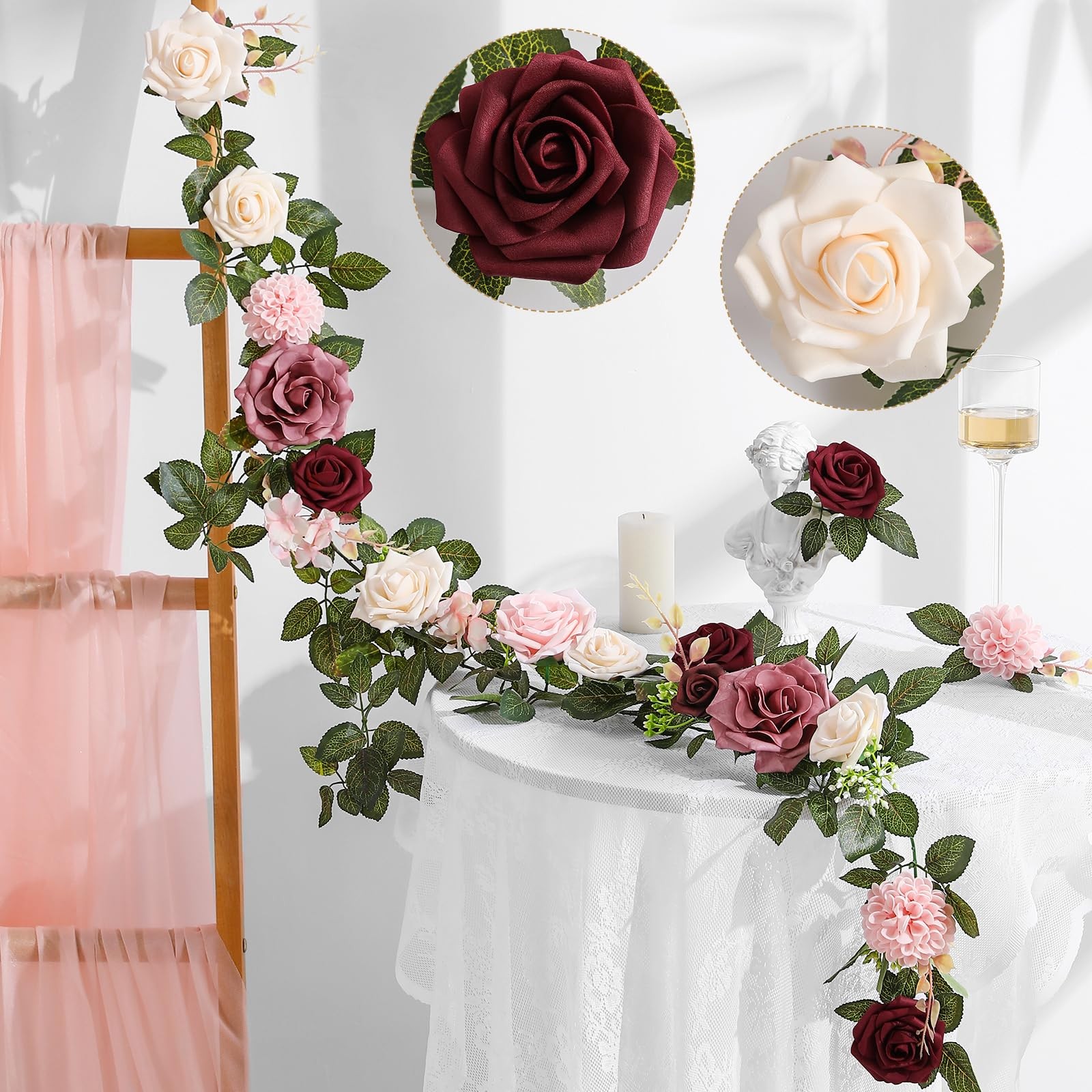 5FT Artificial Rose Flower Burgundy Fake Floral Garland for Wedding Ceremony …
