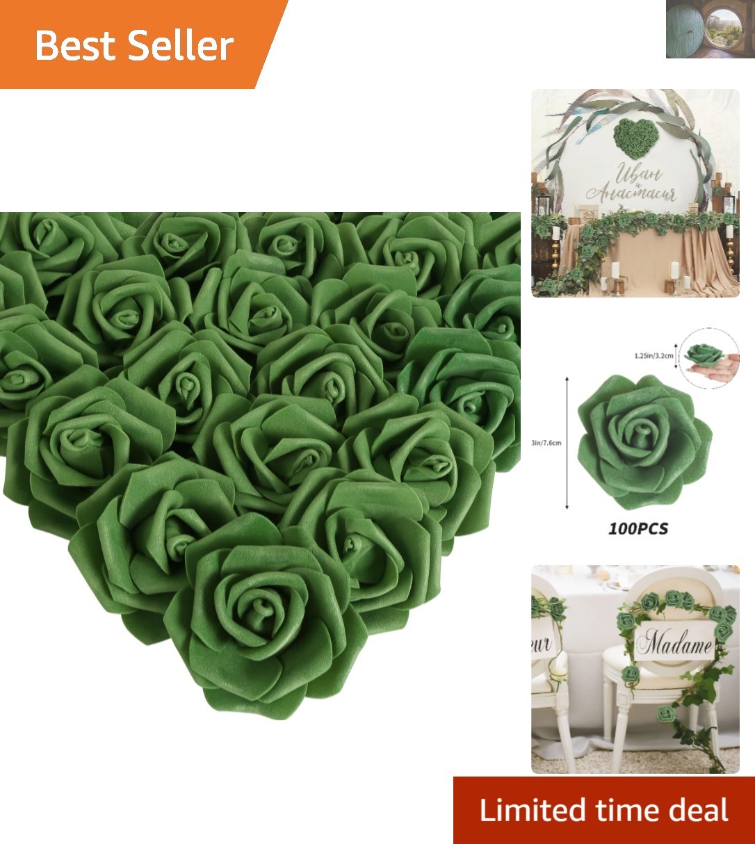 Vibrant Army Green Stemless Foam Roses – 100 Pcs for Centerpieces and Crafts