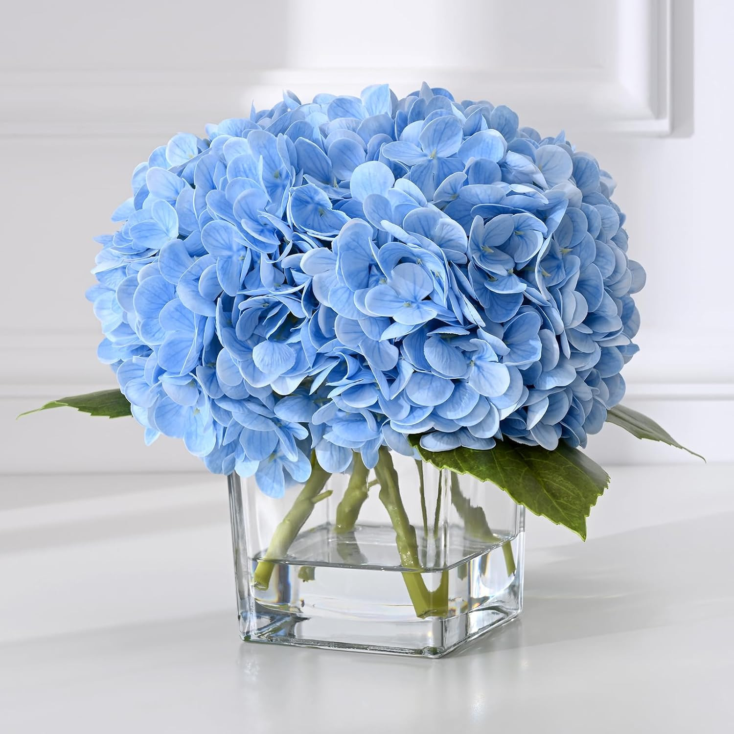 Luxury PU Fake Flowers in Vase with Faux Water, Blue Real Touch Hydrangea Artifi