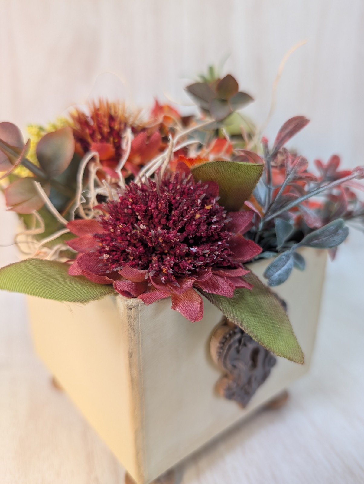 Set of 2 Handmade Fall Floral Centerpieces Rustic Farmhouse Wood Planter Decor
