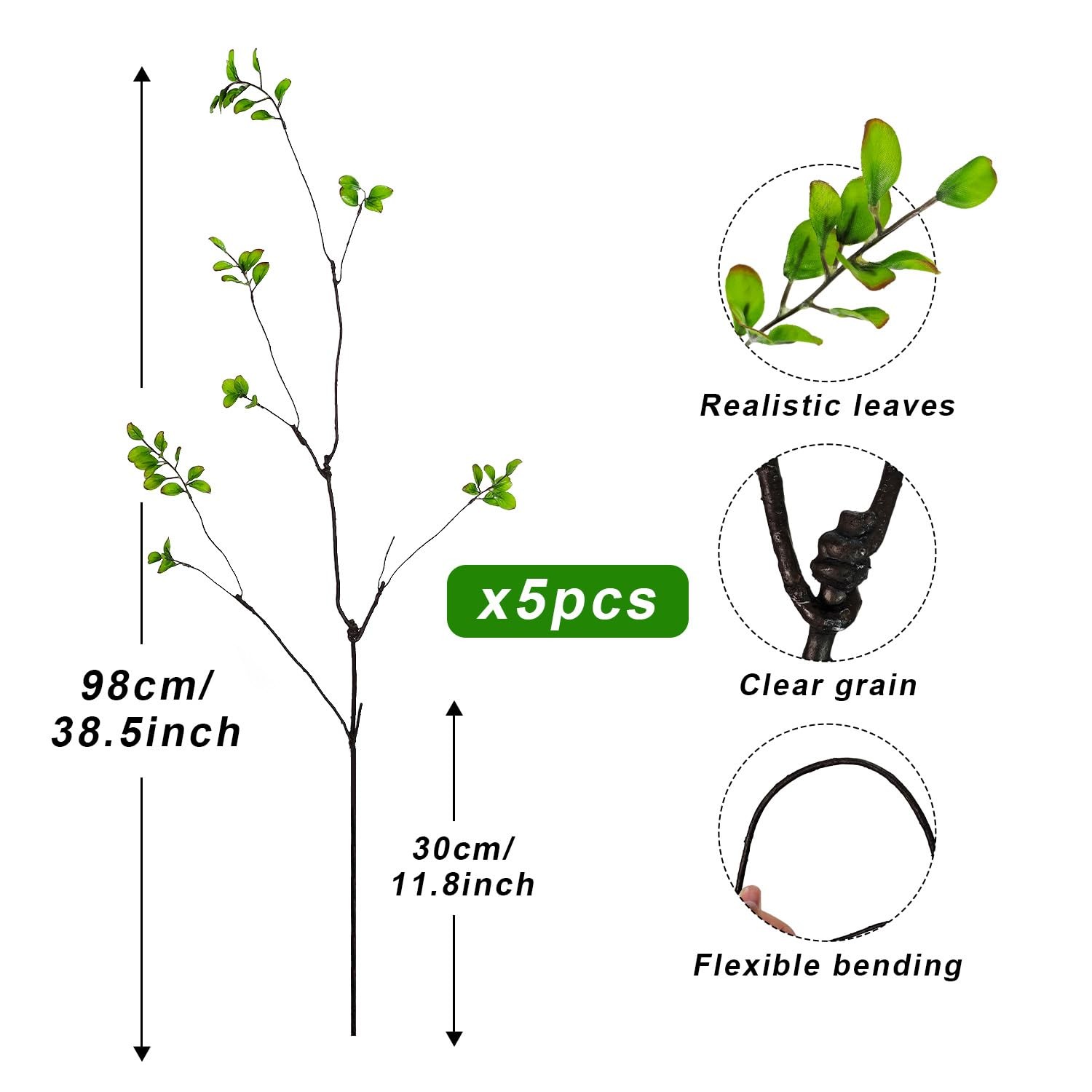 5 Pcs Artificial Ficus Branches for Vase, 38.5 Inch Faux Greenery Stems Reali…