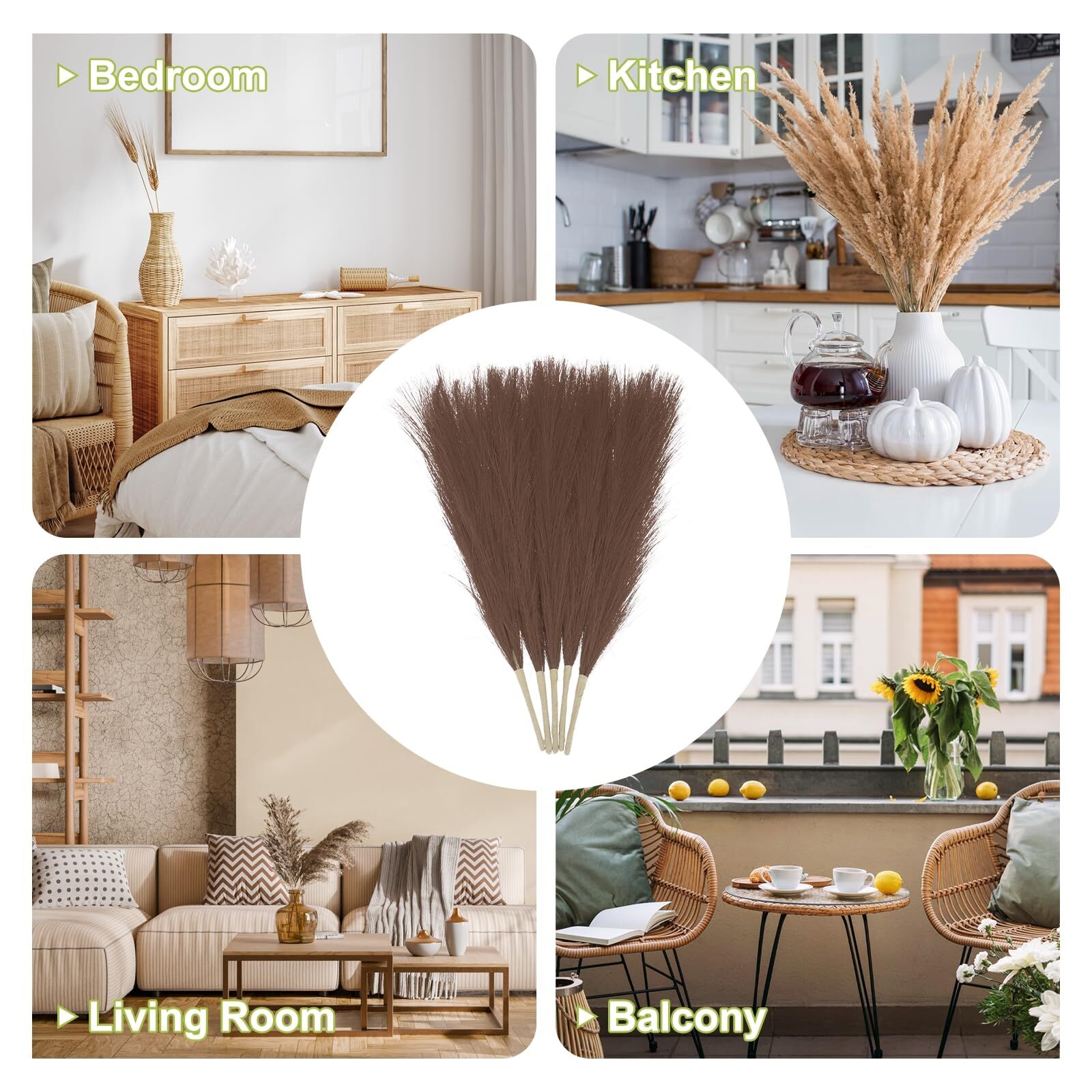Dark Coffee Faux Pampas Grass 5pc 17 inch Artificial Fall Home Vase Wedding