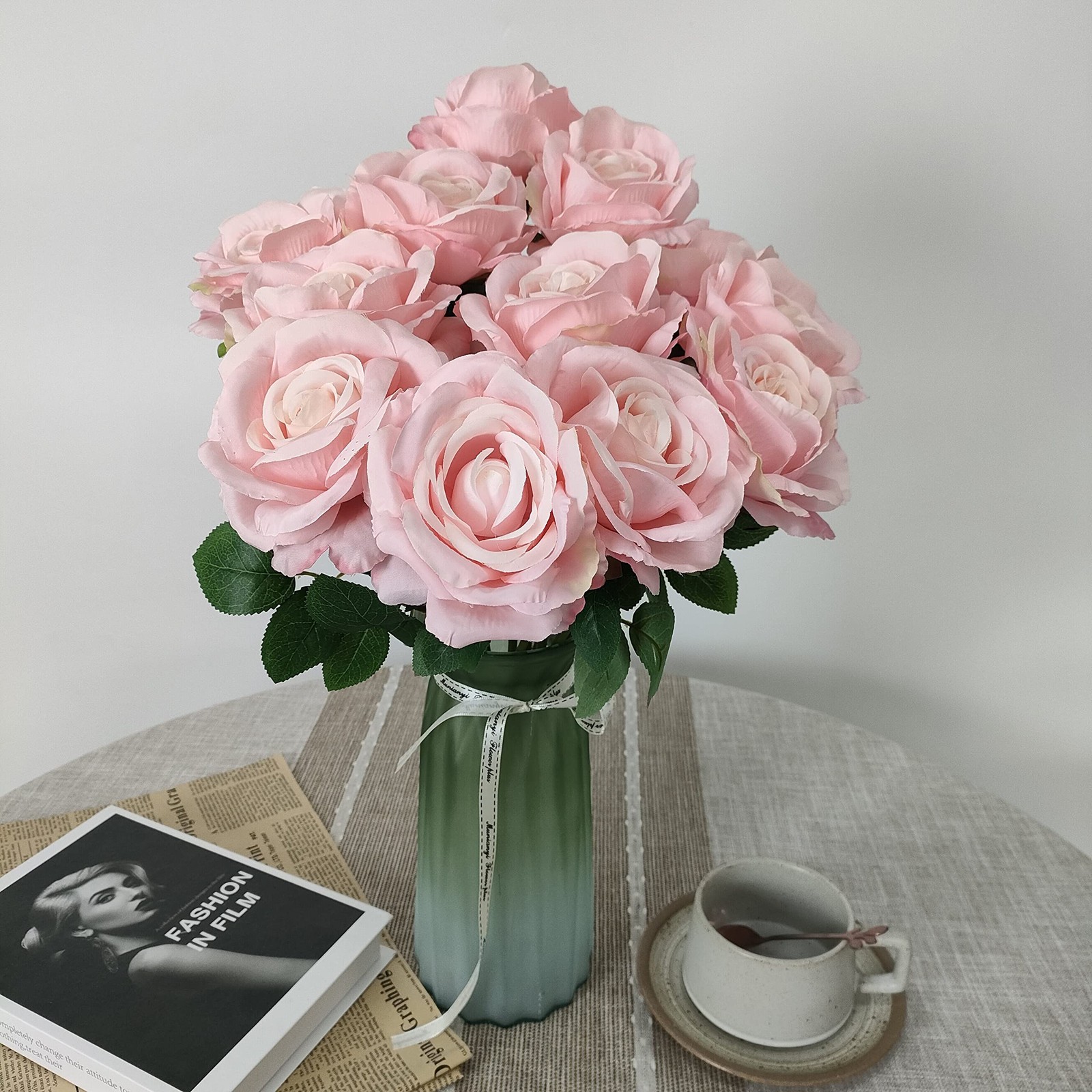 12 Pcs Light Pink Roses Artificial Flowers, Faux Baby Pink Flowers Bulk,Flora…